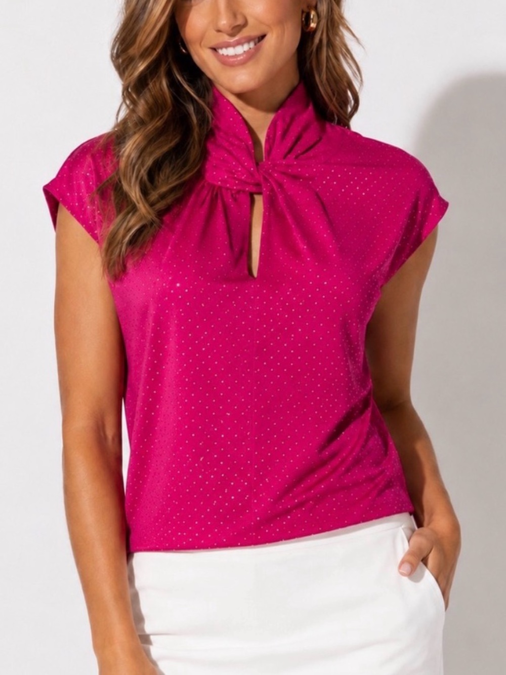 MICHAEL Michael Kors Hot Pink Gold Metallic Dot Top with Twist Neck Size S